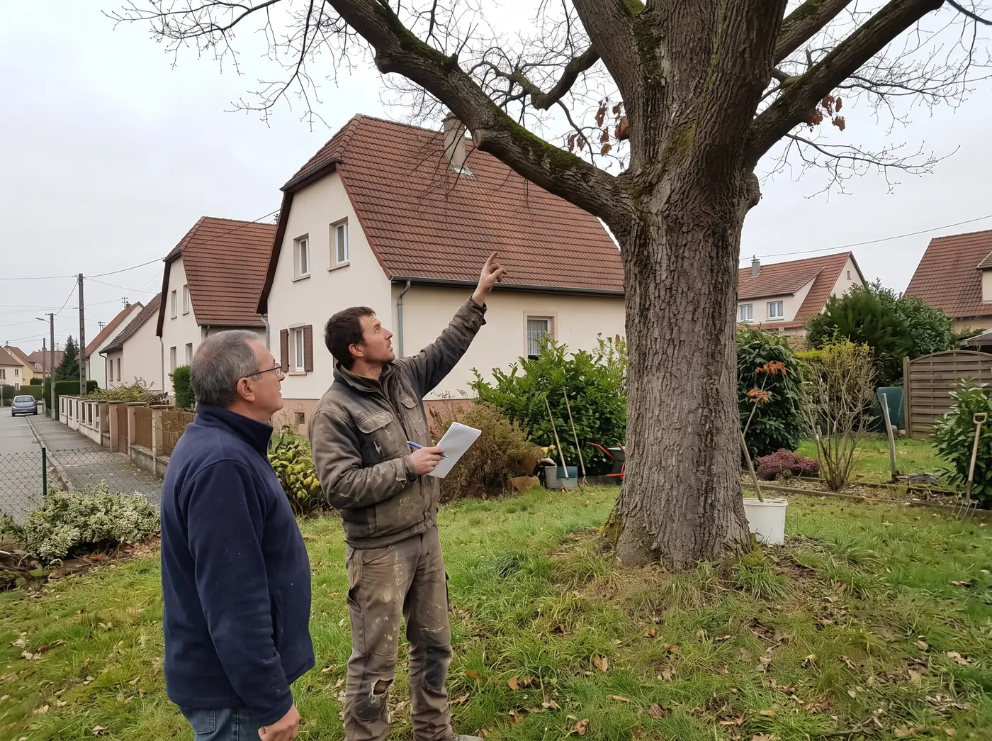 L'artisan explique l'intervention au client sous l'arbre