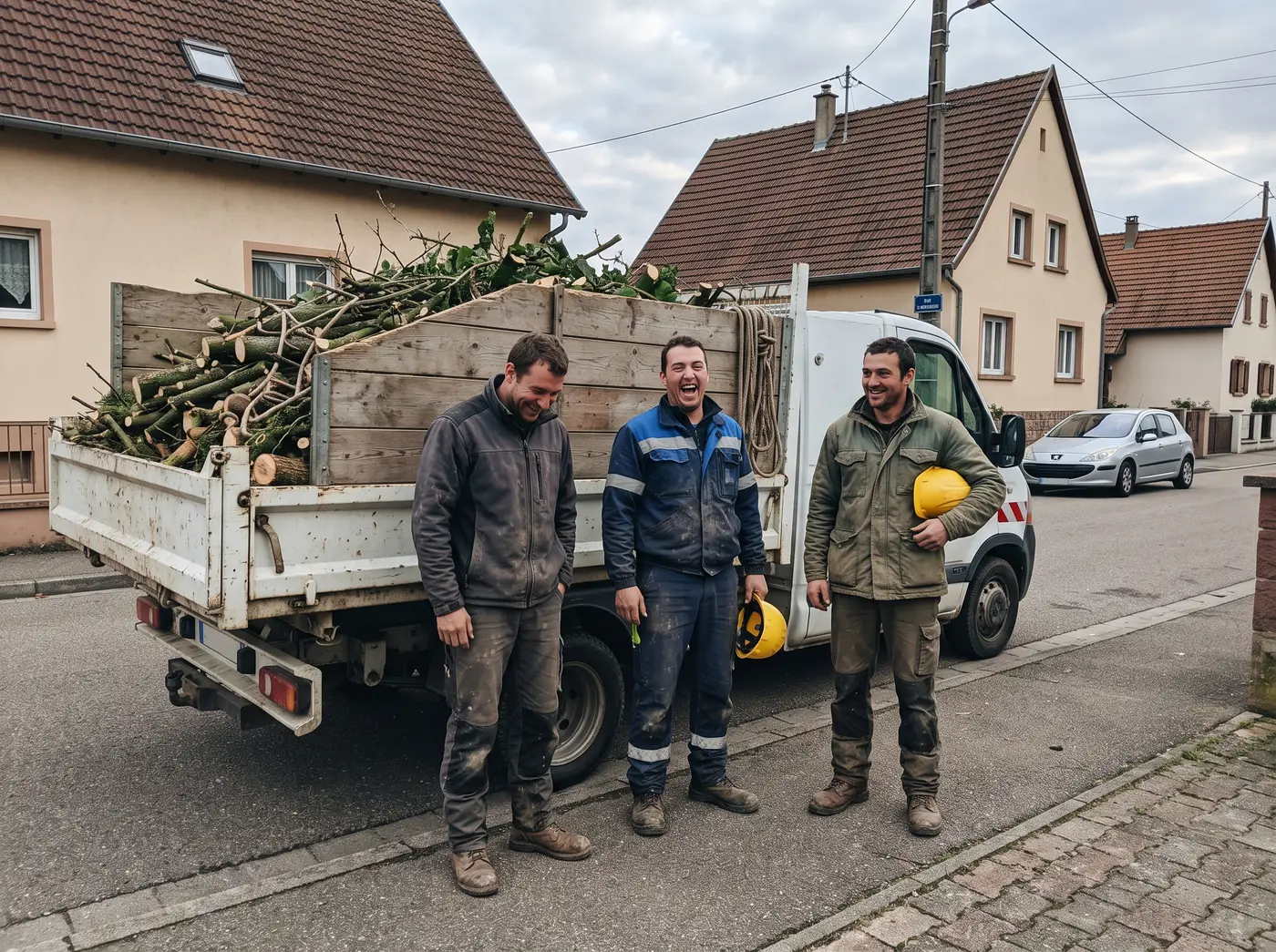 L'équipe en fin de chantier devant le camion et le broyeur