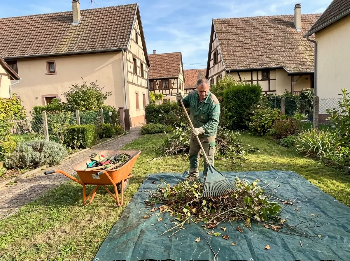 Ramassage des déchets de taille sur bâche